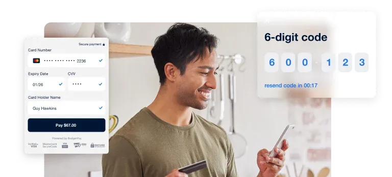 Customer paying securely with card on mobile, with 3D Secure one-time code
