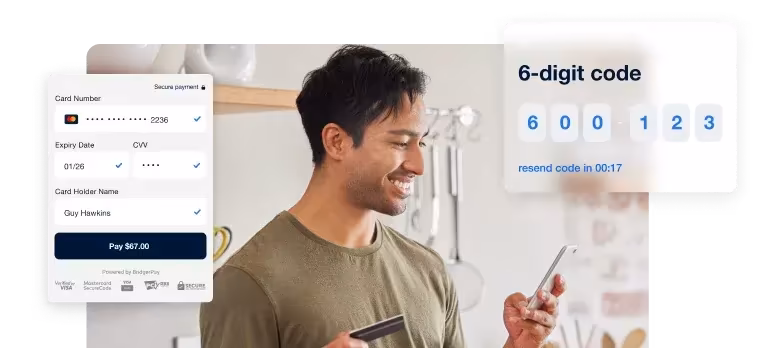 Customer paying securely with card on mobile, with 3D Secure one-time code